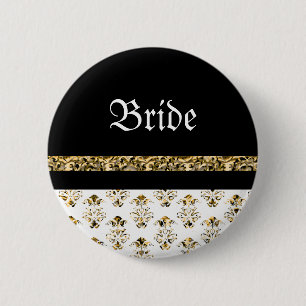 Bóton Redondo 5.08cm Casamento tema damasco preto branco do ouro