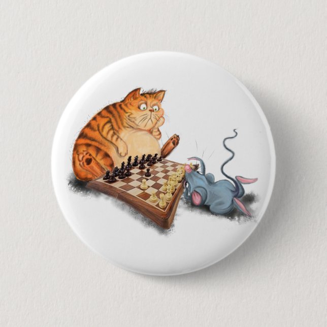 Bóton Redondo 5.08cm Cat and Mouse Playing Chess Cartoon Drawing Funny  (Frente)