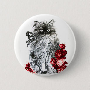 BÓTON REDONDO 5.08CM CAT DO GATINHO, GATINHO COM ROSAS VERMELHAS