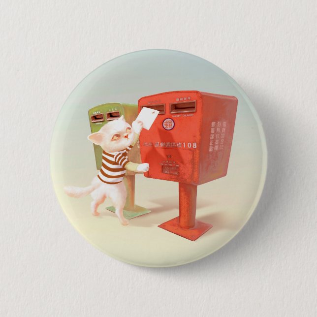 Bóton Redondo 5.08cm Cat tentando colocar um cartão postal na caixa de  (Frente)