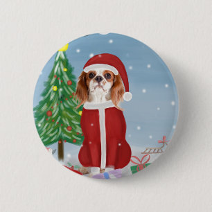 Bóton Redondo 5.08cm Cavalier King Dog em Neve com presentes de Natal