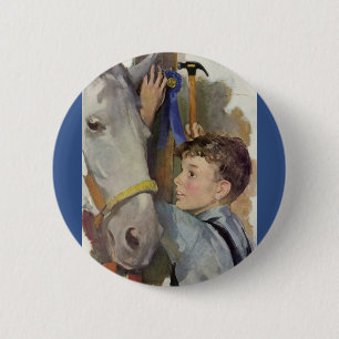 Bóton Redondo 5.08cm Cavalo de Corrida Antigo, Vencedor de Faixa Azul c
