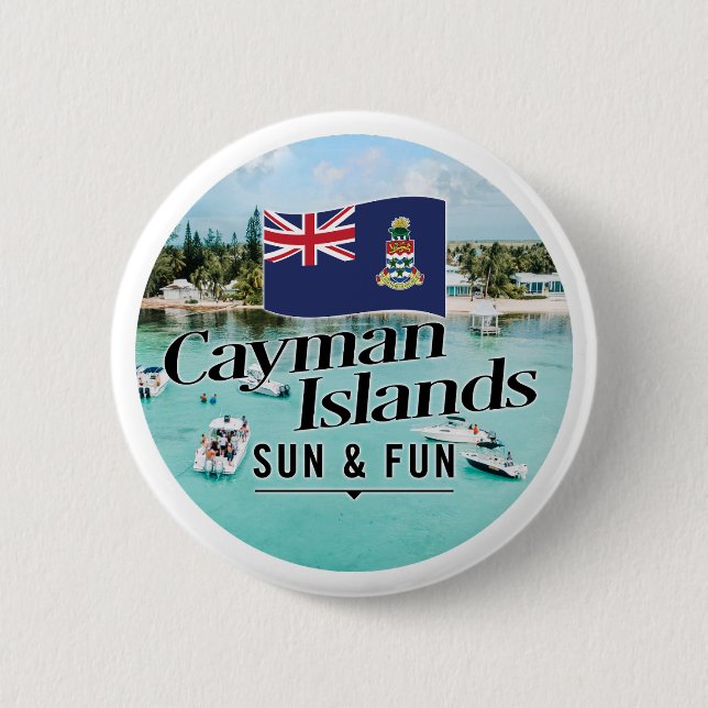 Bóton Redondo 5.08cm "Cayman Islands Sun & Fun" Com Bandeira (Frente)