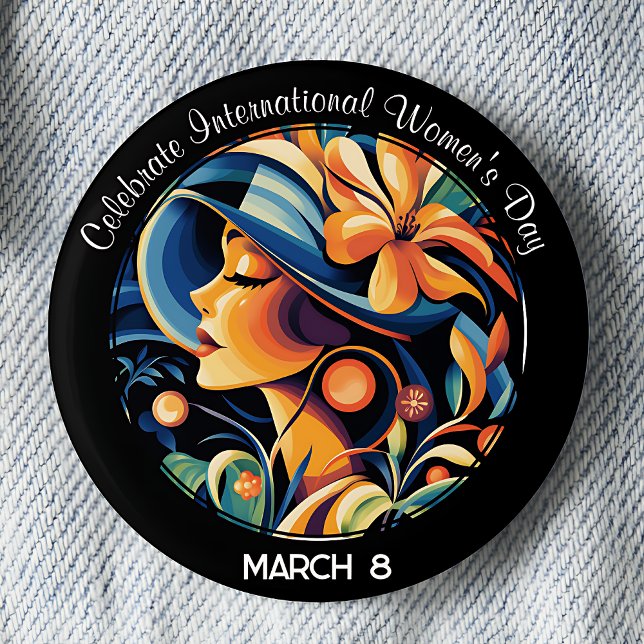Bóton Redondo 5.08cm Celebrar o Dia Internacional da Mulher (Art Deco, Vintage inspired, Celebrate International Women's Day March 8 pinback button.)