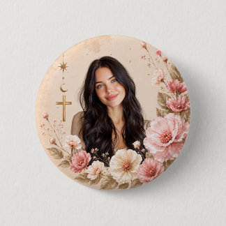 Bóton Redondo 5.08cm Celestial Memorial Photo Button Floral Moon Cross