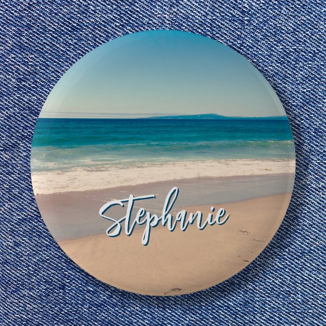 Bóton Redondo 5.08cm Cena Azul Personalizada do Oceano de Fotografia de (Personalized Beach Photo Ocean Blue Scenic Button)