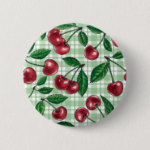 Bóton Redondo 5.08cm Cerejas vermelhas em gingham verde-claro