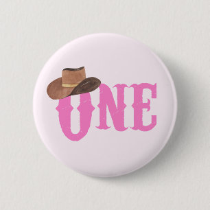 Bóton Redondo 5.08cm Chapéu de Cowgirl Rosa Tema de Aniversário de 1 An