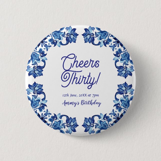 Bóton Redondo 5.08cm Cheers thirty birthday royal blue floral border na (Frente)