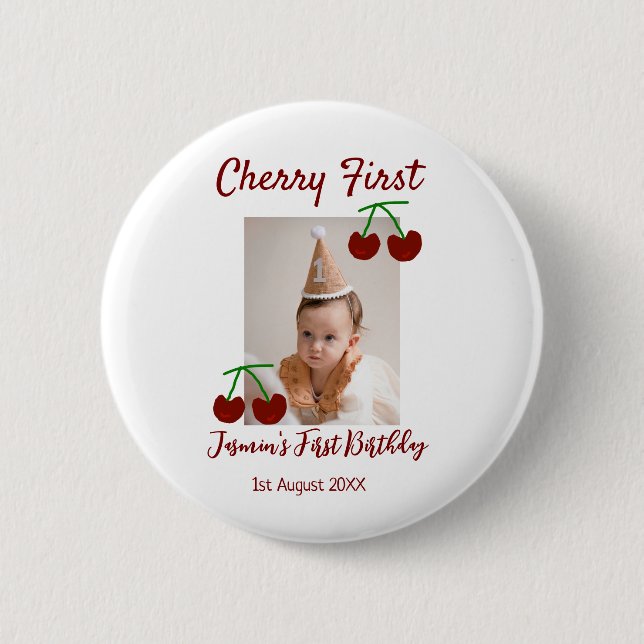 Bóton Redondo 5.08cm Cherry Primeiro feliz foto de aniversário crianças (Frente)