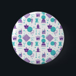 Bóton Redondo 5.08cm Chess Player Birthday<br><div class="desc">Turquoise blue and purple chess piece pattern has the rook,  bishop,  knight and queen mixed with cake,  candles,  and balloons. Perfect present or gift idea to celebrate chess fans. Cute for men,  women and kid chess players born in any month of the year.</div>