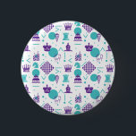 Bóton Redondo 5.08cm Chess Player Birthday<br><div class="desc">Turquoise blue and purple chess piece pattern has the rook,  bishop,  knight and queen mixed with cake,  candles,  and balloons. Perfect present or gift idea to celebrate chess fans. Cute for men,  women and kid chess players born in any month of the year.</div>