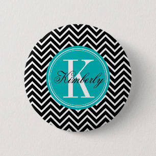 Bóton Redondo 5.08cm Chevron preto e branco com monograma da cerceta