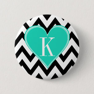 Bóton Redondo 5.08cm Chevron preto e branco com monograma do coração