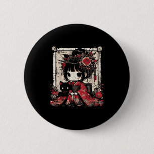 Bóton Redondo 5.08cm Chibi Kimono Girl Black Cat Flowers Japonês Art W