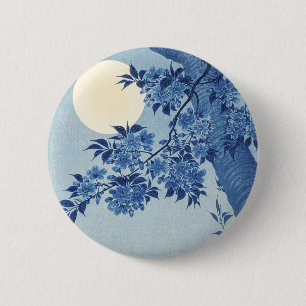 Bóton Redondo 5.08cm Chinoiserie Azul-Marinho Flor de Cerejeira & Lua C