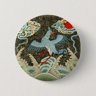 Bóton Redondo 5.08cm Chinoiserie padrão de Garça Dourada e Onda do Mar