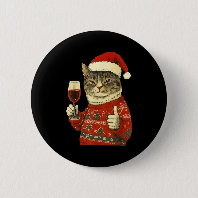 Bóton Redondo 5.08cm Christmas Cat Likes Cute Cat Drinking Wine With Sa (Frente)