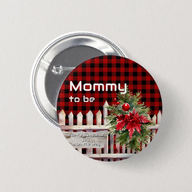 Bóton Redondo 5.08cm Christmas Fence Buffalo Plaid Mommy-to-be (Frente & Verso)