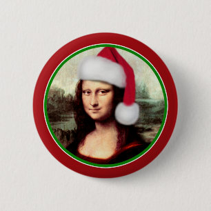 Bóton Redondo 5.08cm Christmas Mona Lisa With Santa Hat