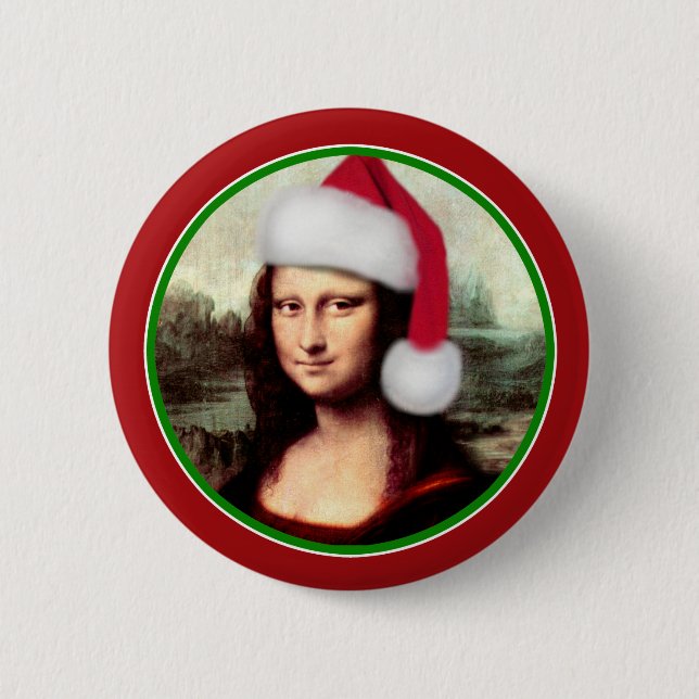 Bóton Redondo 5.08cm Christmas Mona Lisa With Santa Hat (Frente)