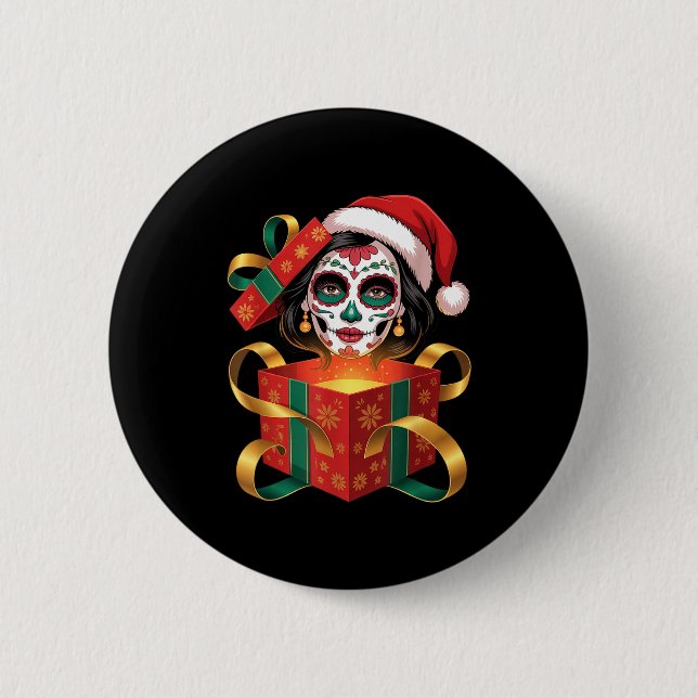 Bóton Redondo 5.08cm Christmas Sugar Skull Art Woman Santa Hat Festive  (Frente)