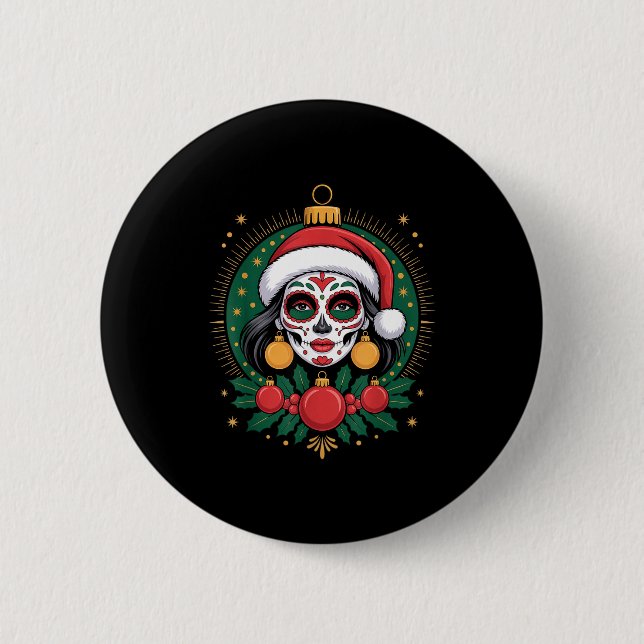 Bóton Redondo 5.08cm Christmas Sugar Skull Art Woman Santa Hat Festive  (Frente)