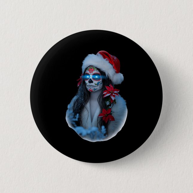 Bóton Redondo 5.08cm Christmas Sugar Skull Art Woman Santa Hat Festive  (Frente)