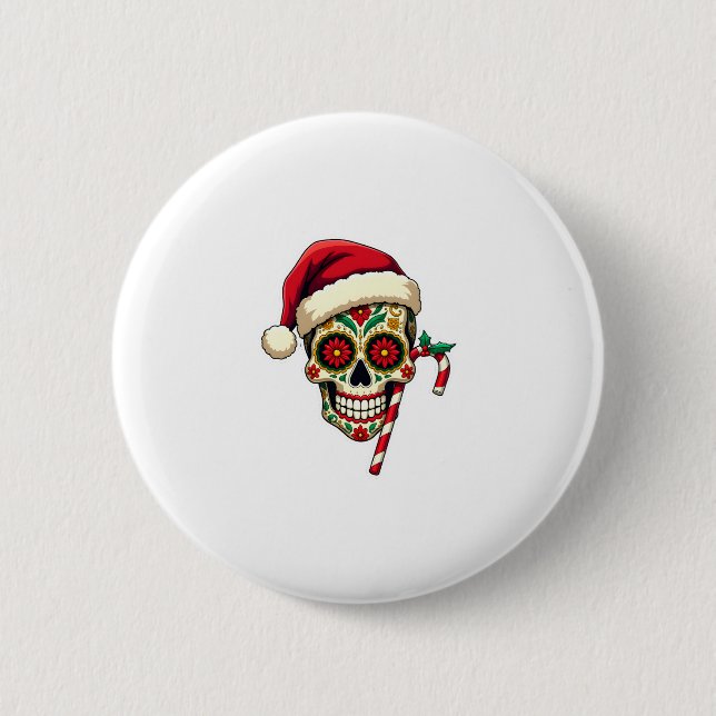 Bóton Redondo 5.08cm Christmas Sugar Skull Santa Hat Day Of The Dead Xm (Frente)