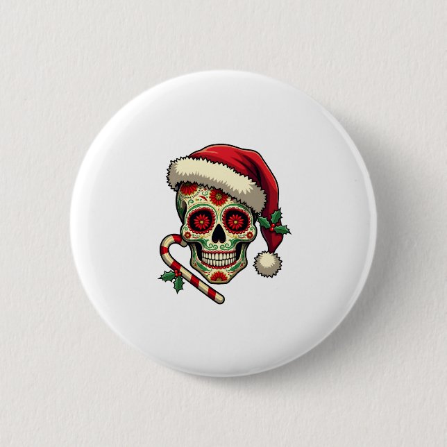 Bóton Redondo 5.08cm Christmas Sugar Skull Santa Hat Day Of The Dead Xm (Frente)