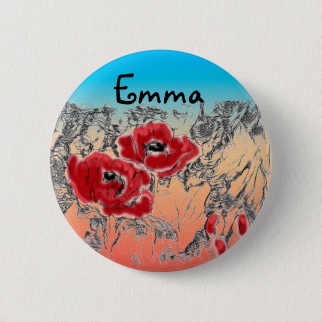 Bóton Redondo 5.08cm Cinzas esculpidas flores vermelhas pretas papoilas (Frente)