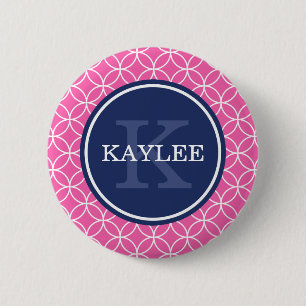 Bóton Redondo 5.08cm Círculo Rosa Brilhante Monograma Padrão Petal