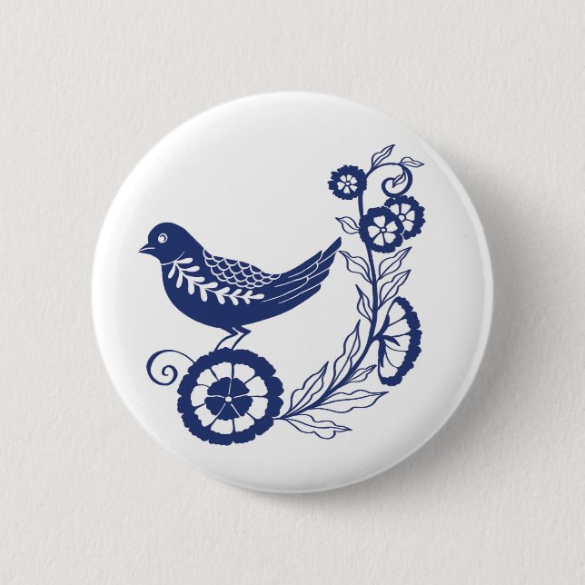 Bóton Redondo 5.08cm Classic Dutch Blue Delft Tile Bird Design (Frente)