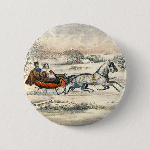 Bóton Redondo 5.08cm Clássico Passeio de Trenó de 1853 Currier Ives Est