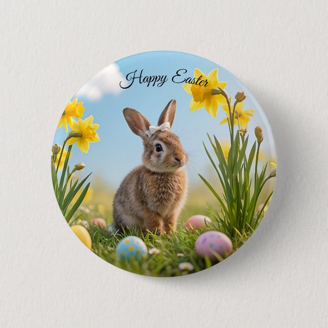 Bóton Redondo 5.08cm Coelhinho da Páscoa e Daffodil (Frente)