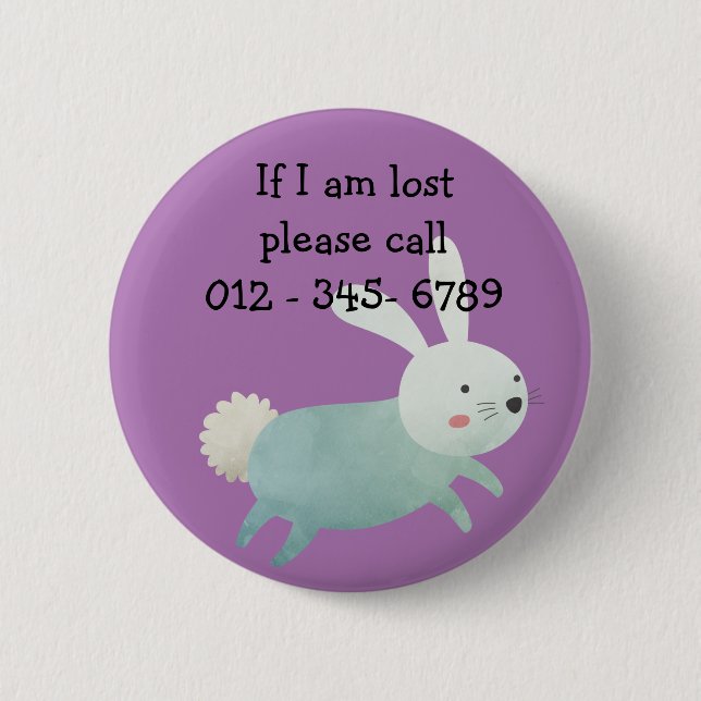 Bóton Redondo 5.08cm Coelho bonito, Contato de Emergência Infantil (Frente)