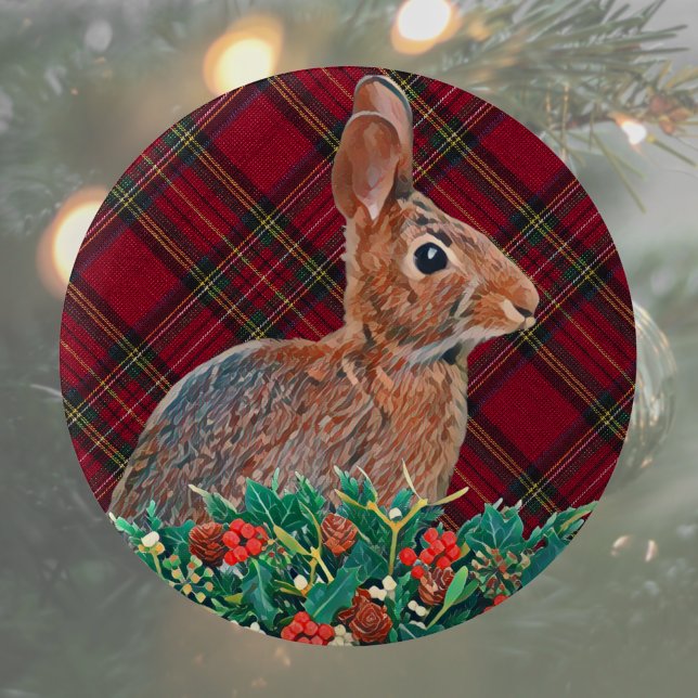 Bóton Redondo 5.08cm Coelho com Holly Berries e Xadrez (Cute rabbit Christmas button pin makes a great stocking stuffer or Christmas party favor. )