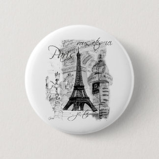 Bóton Redondo 5.08cm Colagem em Cena Francesa em Torre Eiffel de Paris