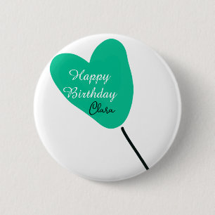 Bóton Redondo 5.08cm Coração verde feliz aniversário branco balão preto