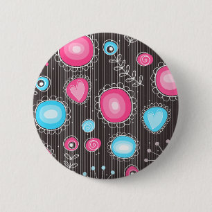 Bóton Redondo 5.08cm Corações e flores, florais, cor-de-rosa e azul