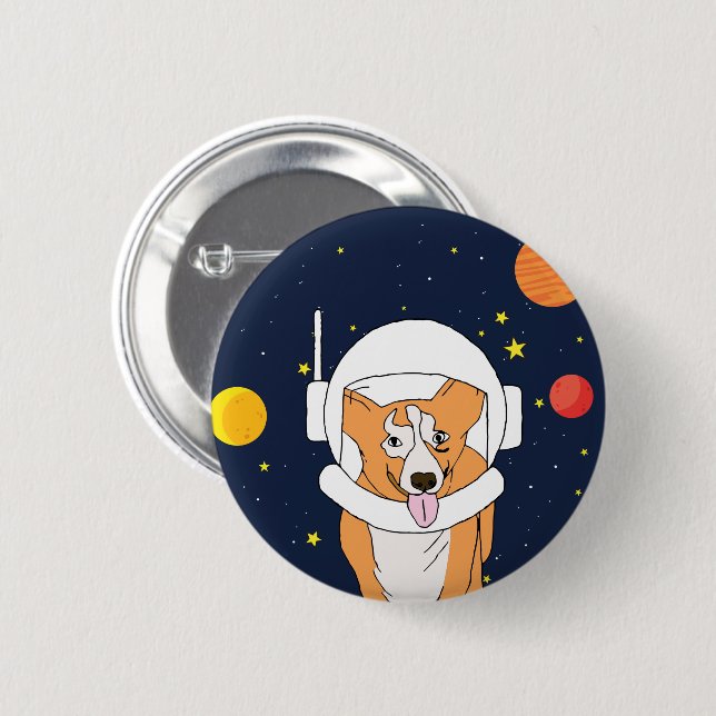 Bóton Redondo 5.08cm Corgi Astronauta Animal Com Capacete Espacial Clip (Frente & Verso)