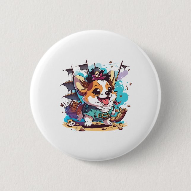 Bóton Redondo 5.08cm Corgi Dog Pirate (Frente)