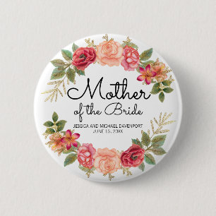 Bóton Redondo 5.08cm Coroa Floral Rosa Vermelha Mãe da Noiva Personaliz