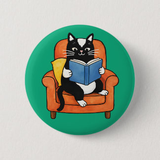 Bóton Redondo 5.08cm Cozy Reading Cat in Armchair Book lover