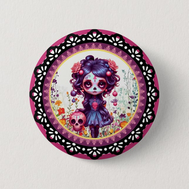 Bóton Redondo 5.08cm Crânio de Açúcar Gótico (Frente)