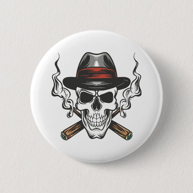 Bóton Redondo 5.08cm Crânio de gângster com chapéu fedora (Frente)