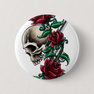 Bóton Redondo 5.08cm Crânio ocidental com rosas vermelhas e pistola do