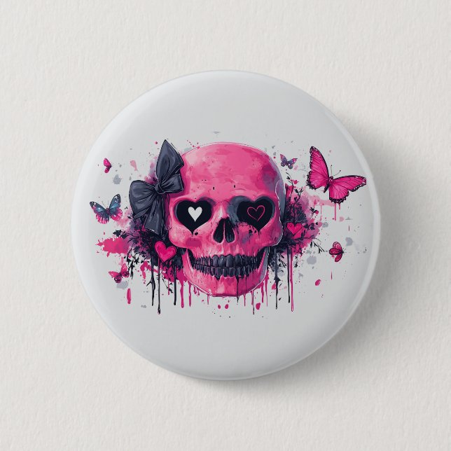 Bóton Redondo 5.08cm Crânio rosa com borboletas e corações (Frente)