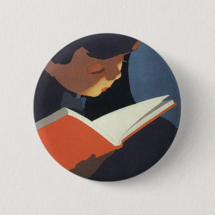 Bóton Redondo 5.08cm Criança do vintage que lê um livro da biblioteca