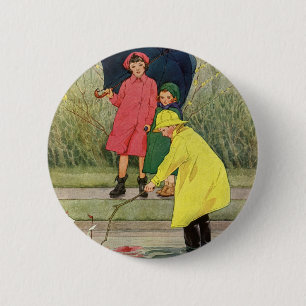 Bóton Redondo 5.08cm Crianças Vintage Jogando Pudles Brinquedos Chuva
